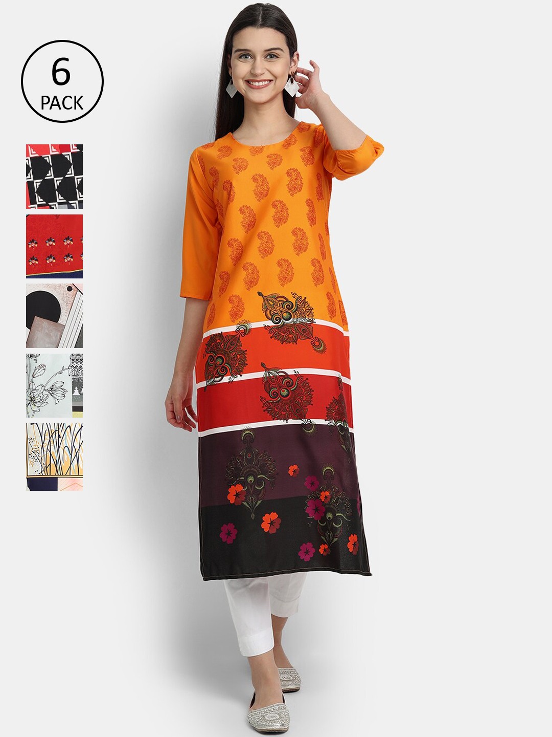 

Ethnic basket Women Pack of 6 Ethnic Motifs Printed Crepe Kurta, Multi