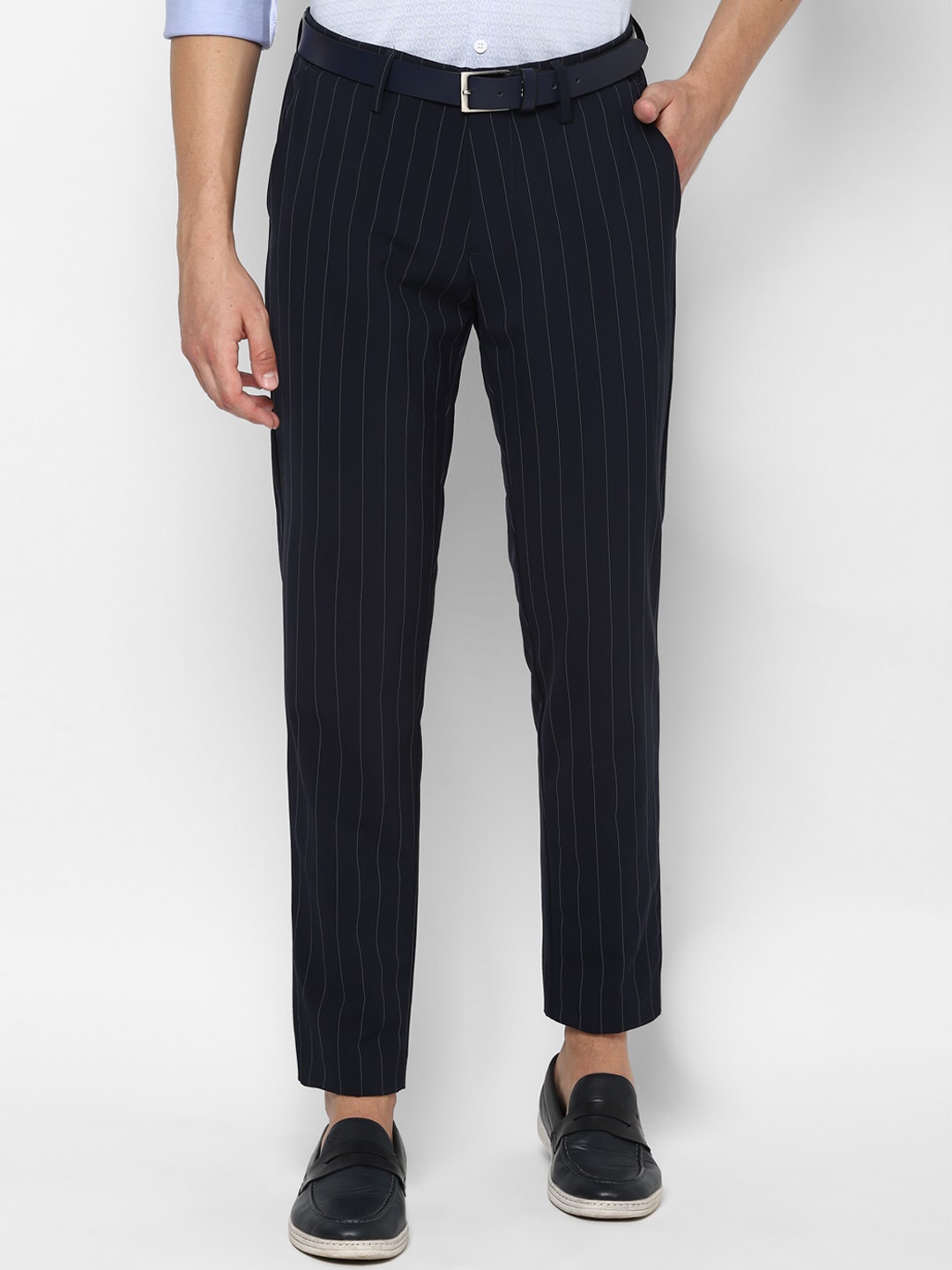 

Allen Solly Men Navy Blue & White Slim Fit Striped Regular Trousers