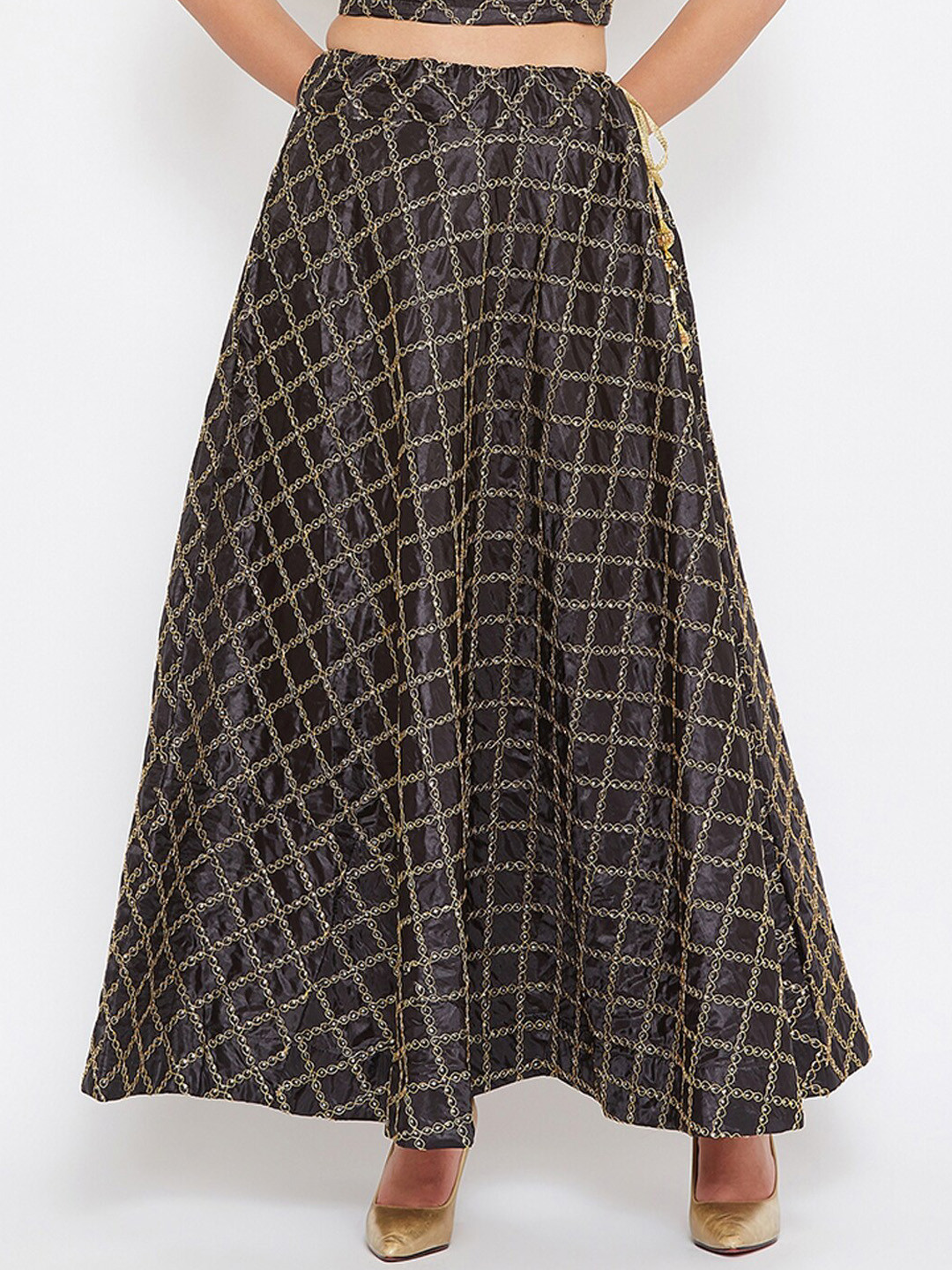 

Women Black & Gold-Coloured Embellished Pure Silk Flared Maxi Skirt