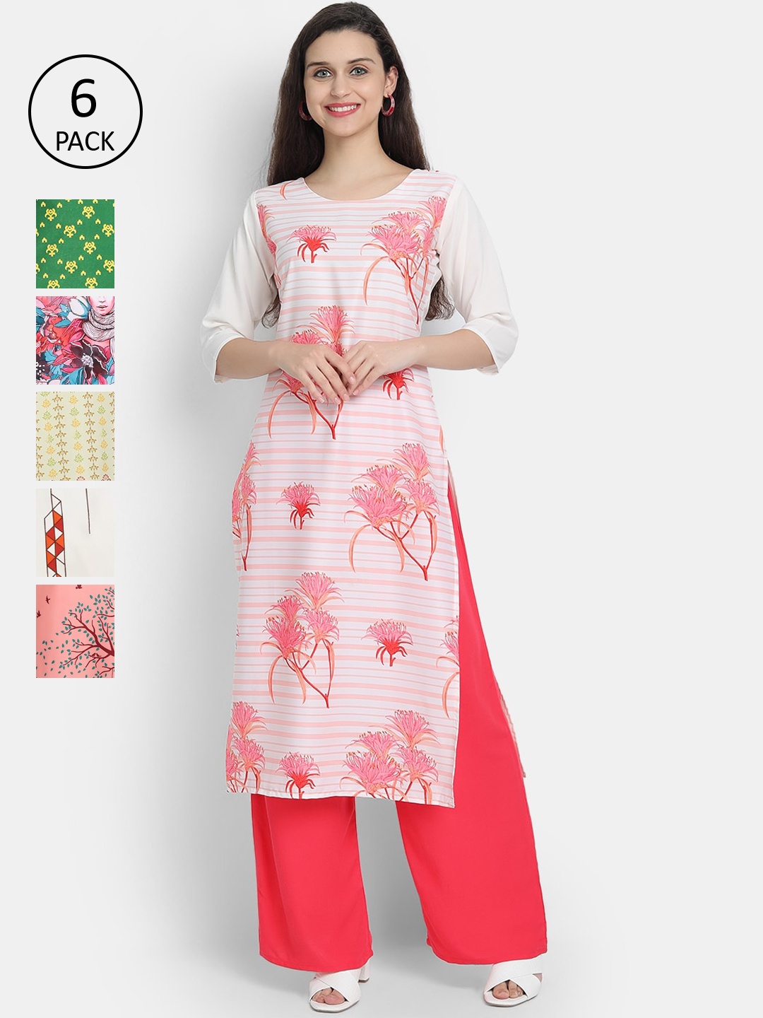 

Ethnic basket Women Pack Of 6 Printed Crepe Kurta, White