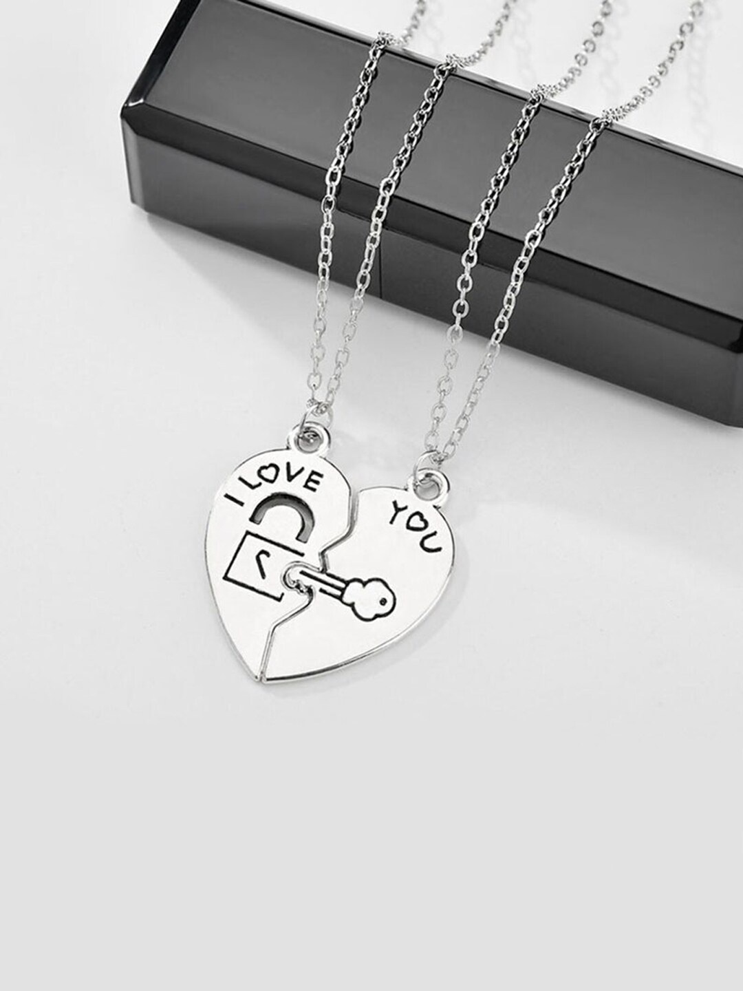 

OOMPH Set Of 2 Silver-Toned & Black Heart Two Piece Lock & Key Couple Pendent With Chains
