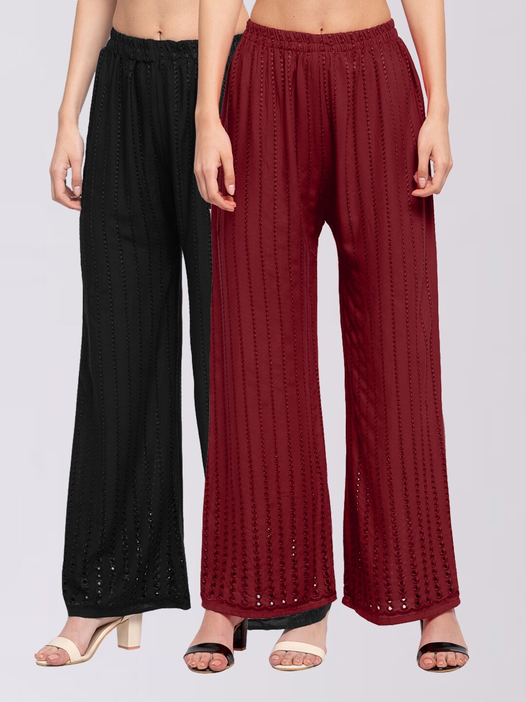 

KLOTTHE Women Pack of 2 Black & Maroon Embroidered Wide Leg Palazzos