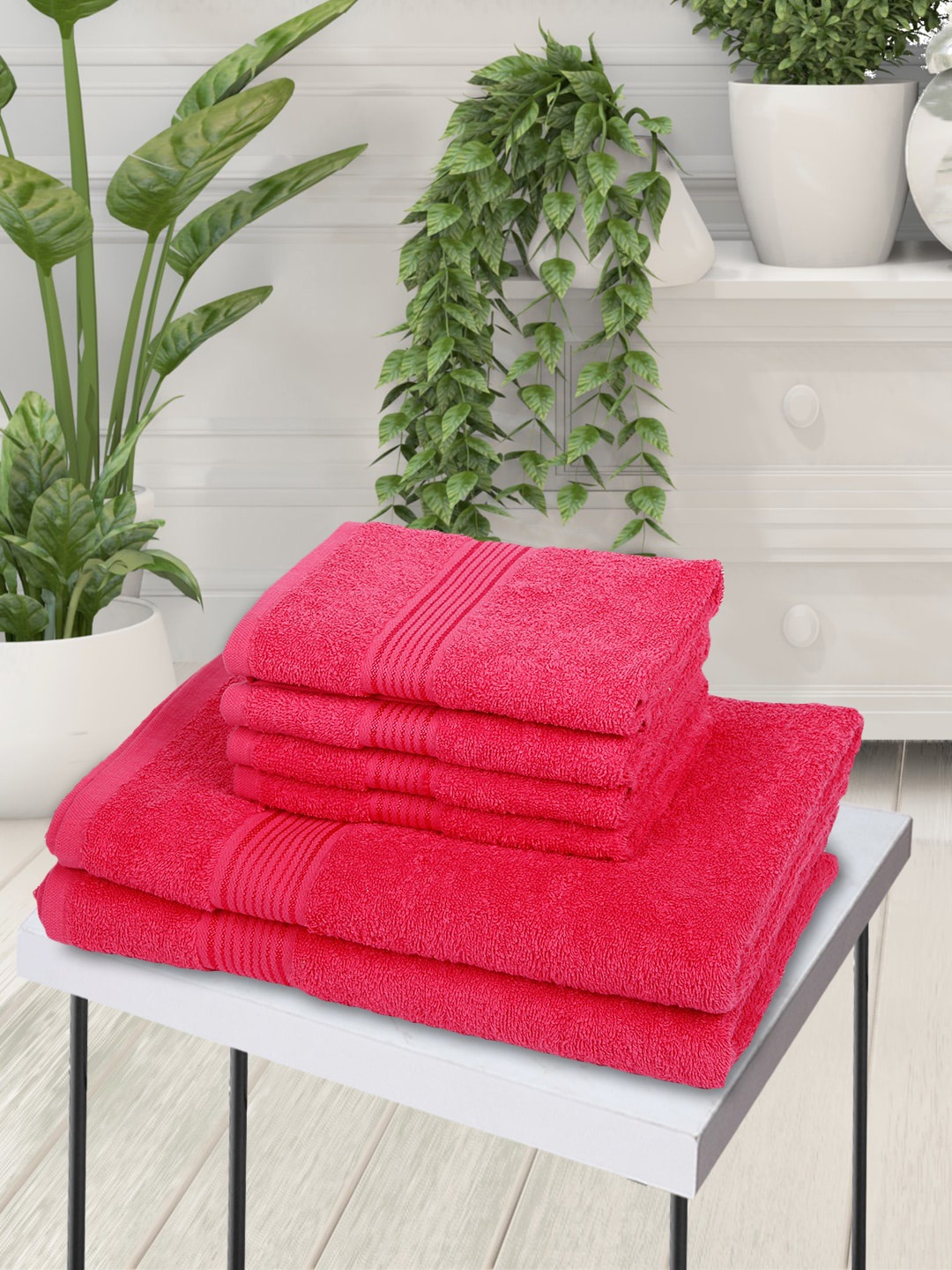 

KOPA Unisex Set Of 6 Pink Solid 380 GSM Pure Cotton Super-Soft Terry Towels