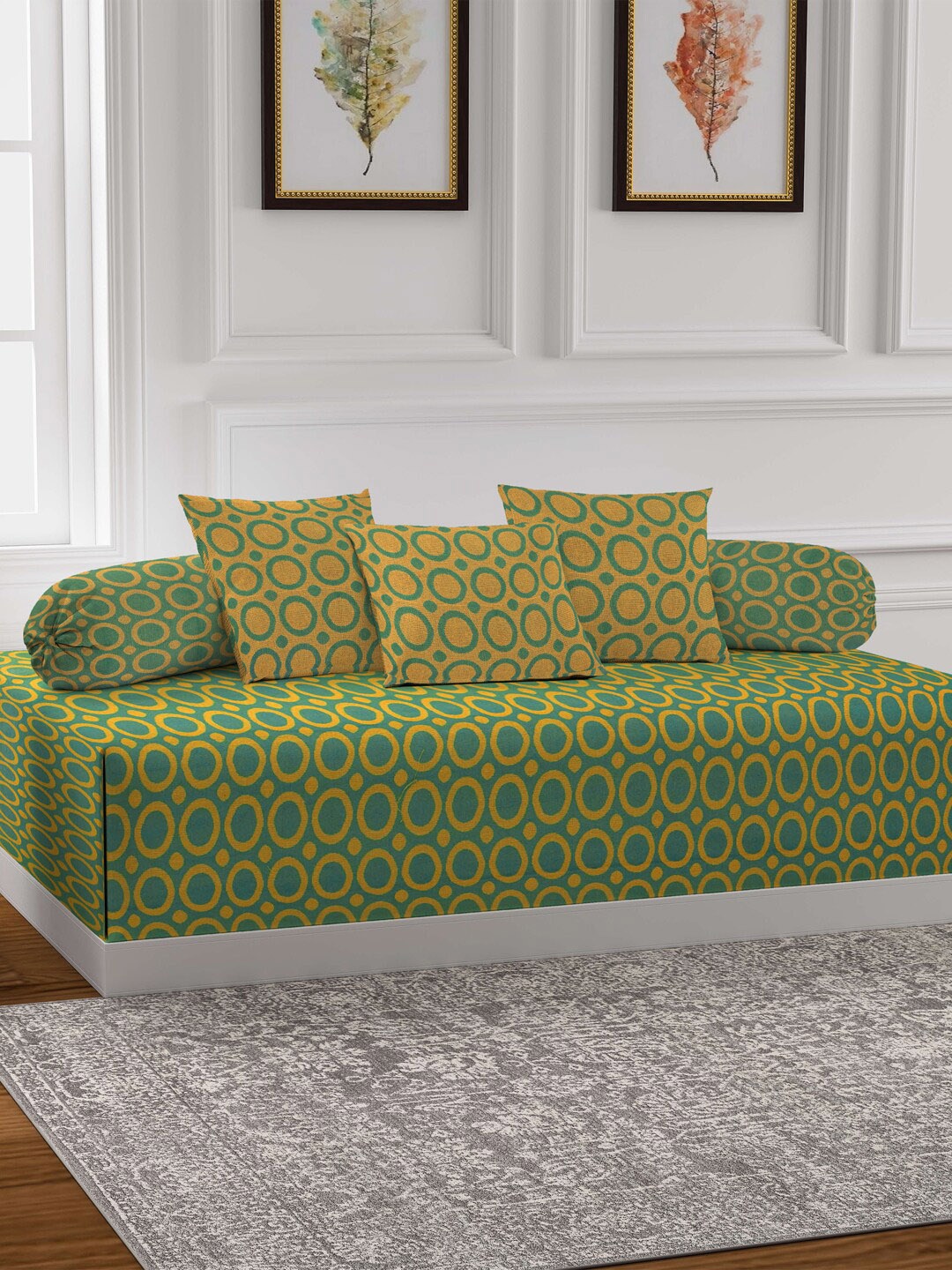 

KLOTTHE Green & Mustard Yellow Single Bedsheet With 2 Bolster Covers & 3 Cushion Covers