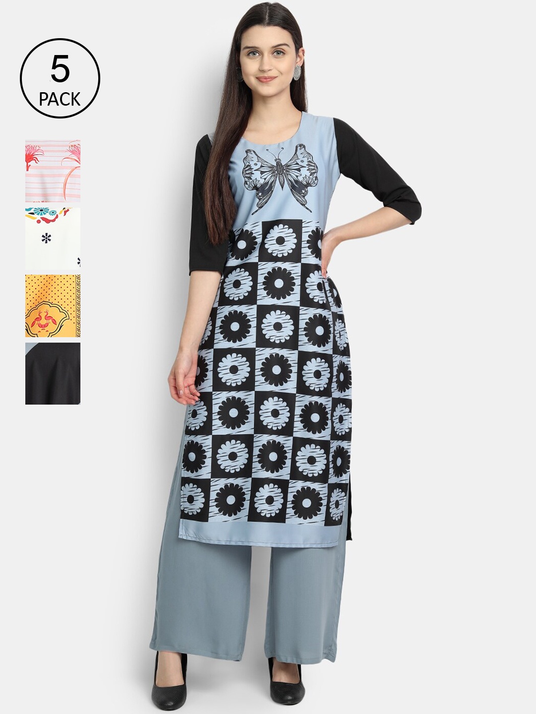 

Ethnic basket Women Pack Of 5 Ethnic Motifs Printed Crepe Kurtas, Multi