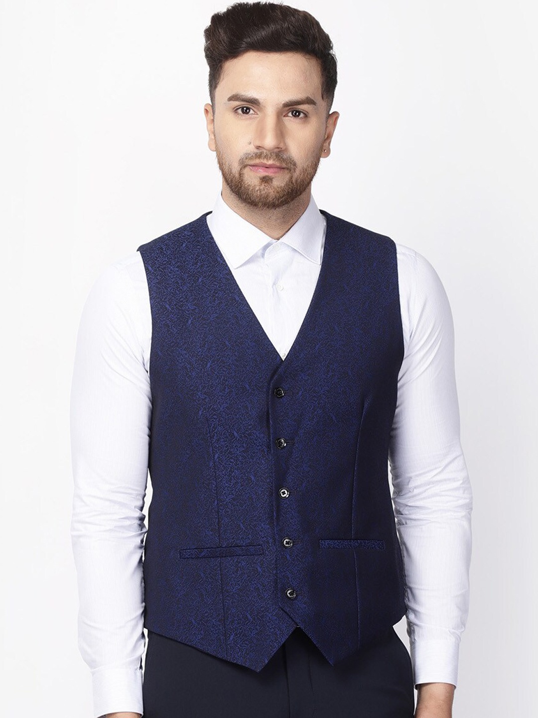 

Blackberrys Men Navy Blue Printed Woven Single-Breasted Waistcoat