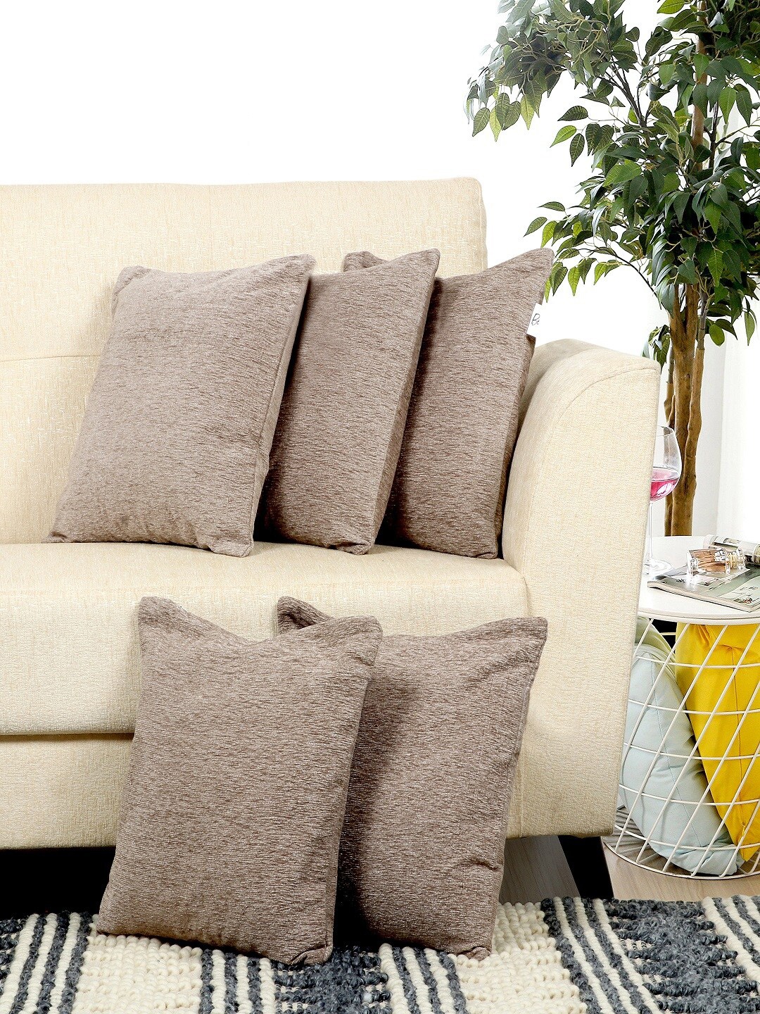 

BELLA TRUE Beige Set of 5 Self Design Square Cushion Covers