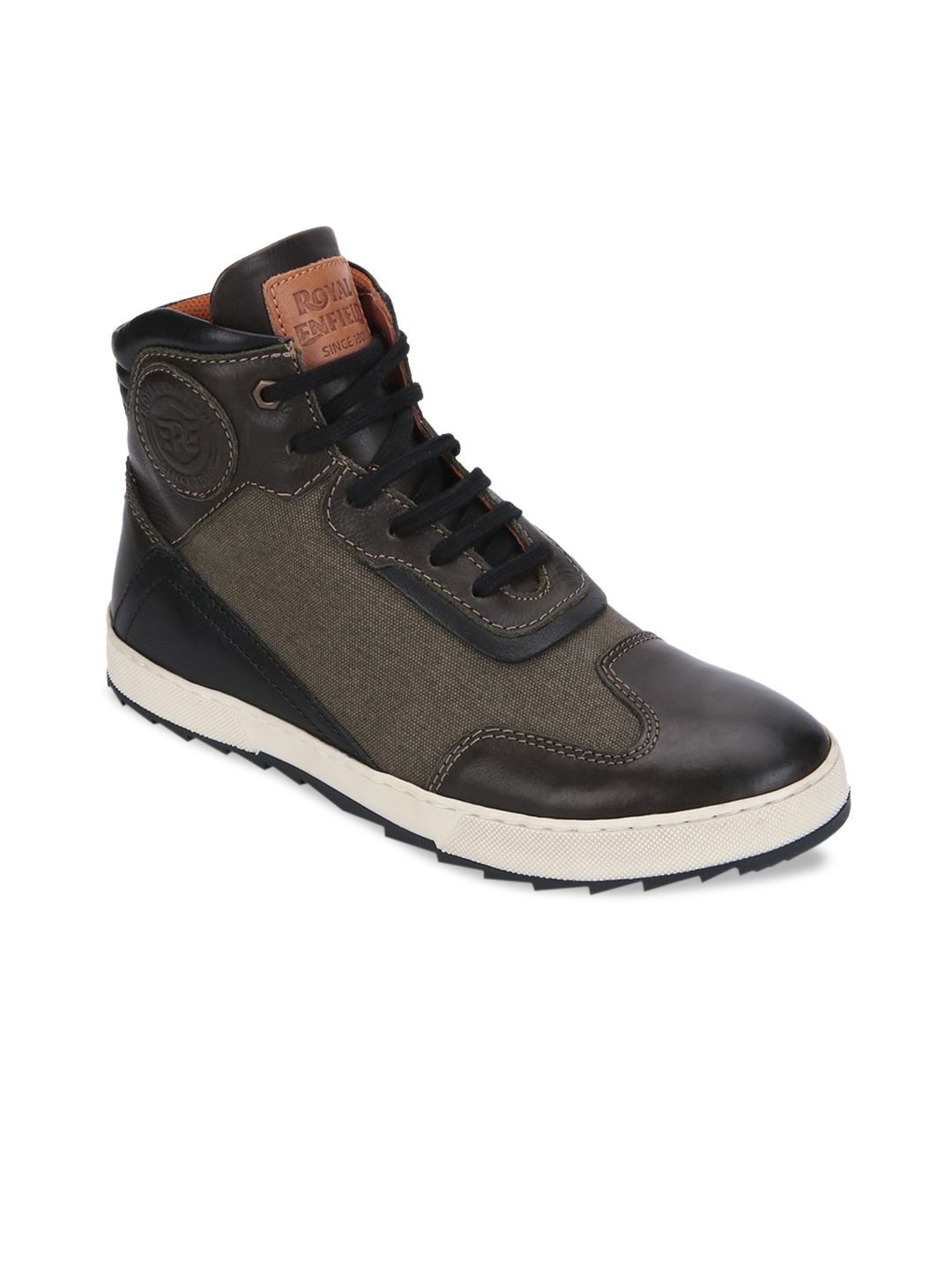 

Royal Enfield Men Olive Green & Black Colourblocked Mid-Top Sneakers