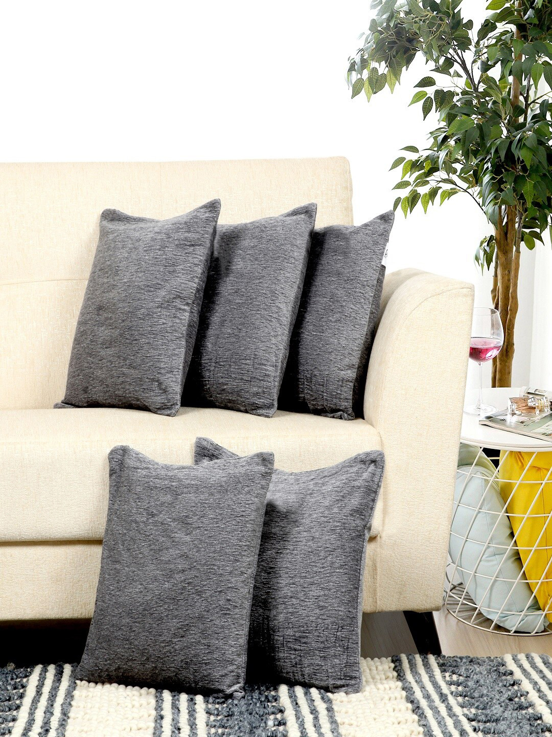 

BELLA TRUE Grey Set of 5 Self Design Square Cushion Covers