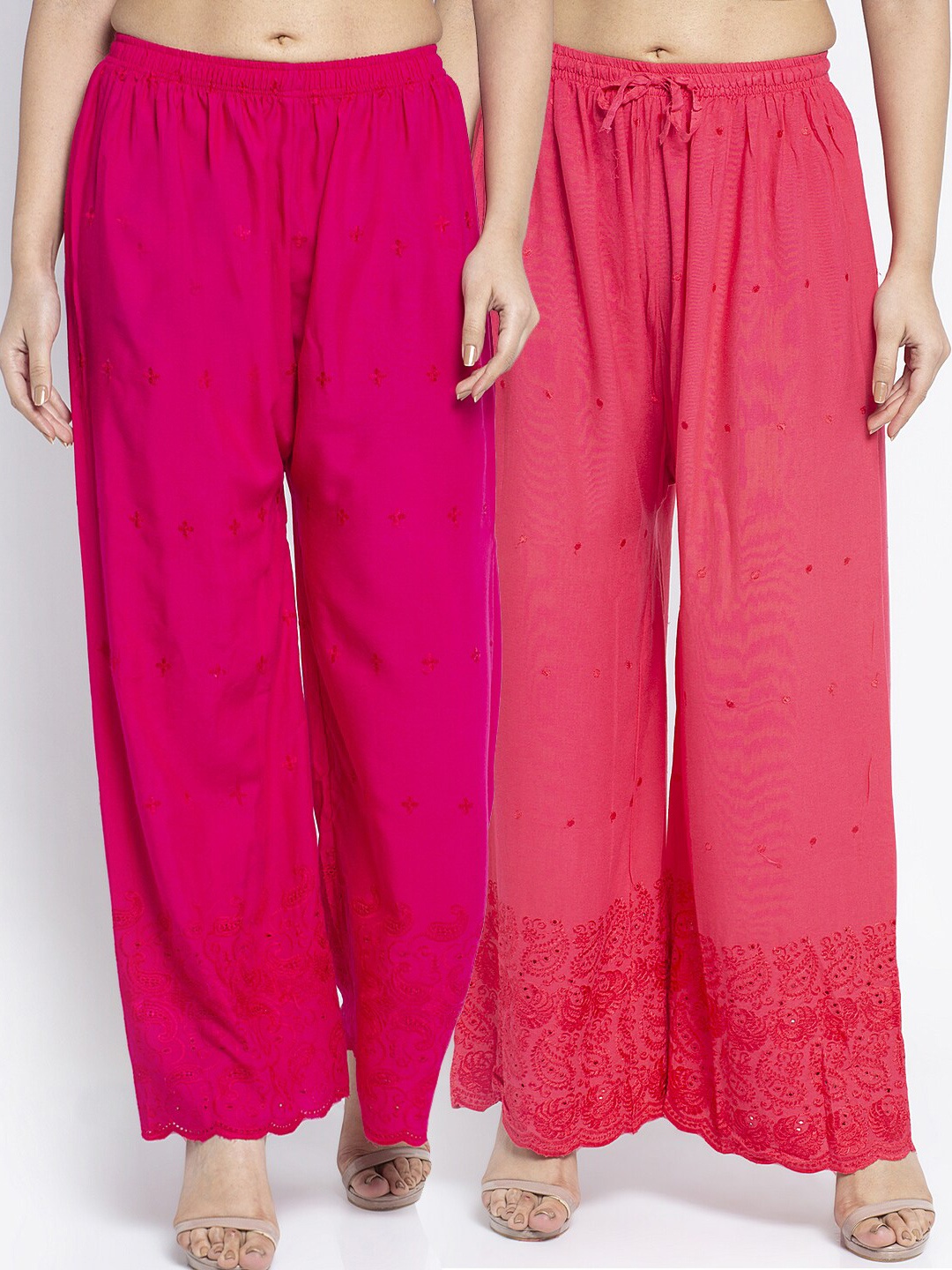 

GRACIT Pack of 2 Women Pink & Coral Embroidered Wide Leg Palazzos