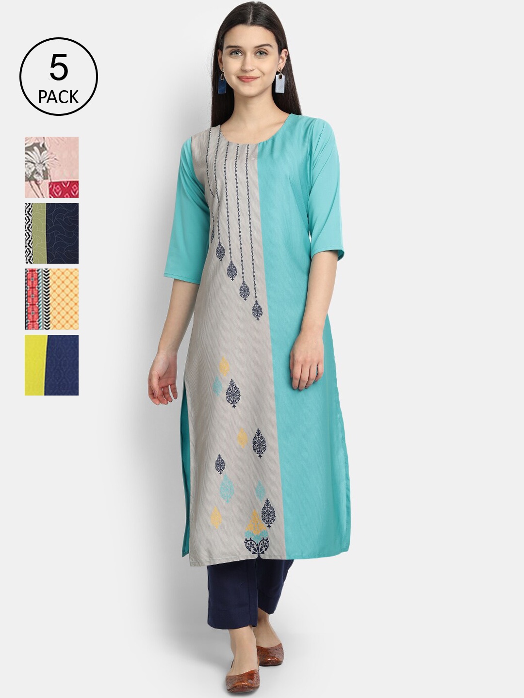 

Ethnic basket Women Pack Of 5 Ethnic Motifs Printed Crepe Kurta, Multi