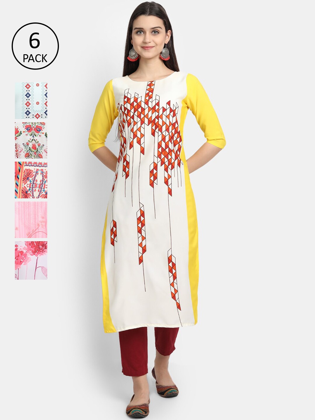 

Ethnic basket Women Set of 6 Multicoloured Ethnic Motifs Printed Crepe Kurta, Multi