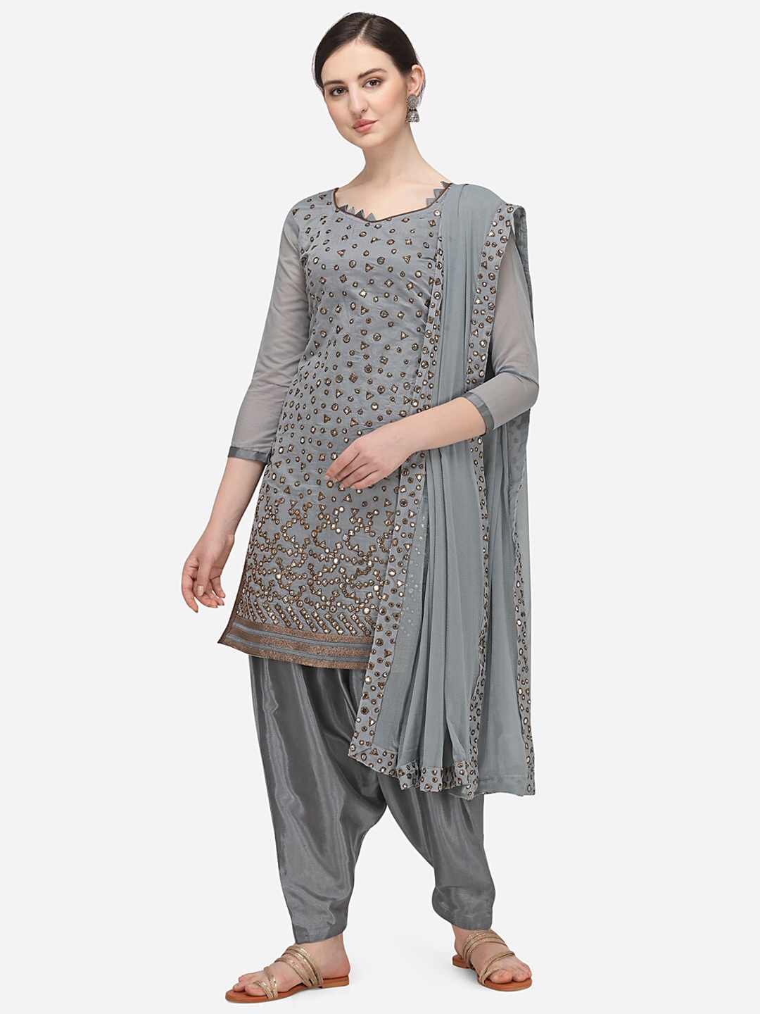 

Ethnic Junction Grey & Olive Green Silk Blend Unstitched Dress Material