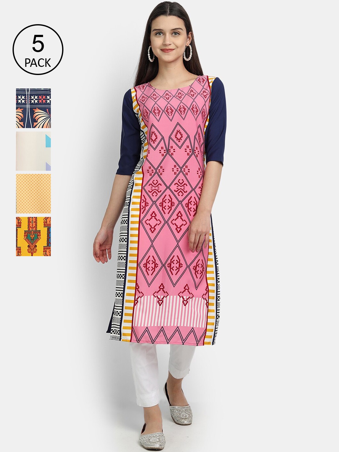 

Ethnic basket Women Pack Of 5 Multicoloured Geometric Printed Crepe Kurtas, Multi