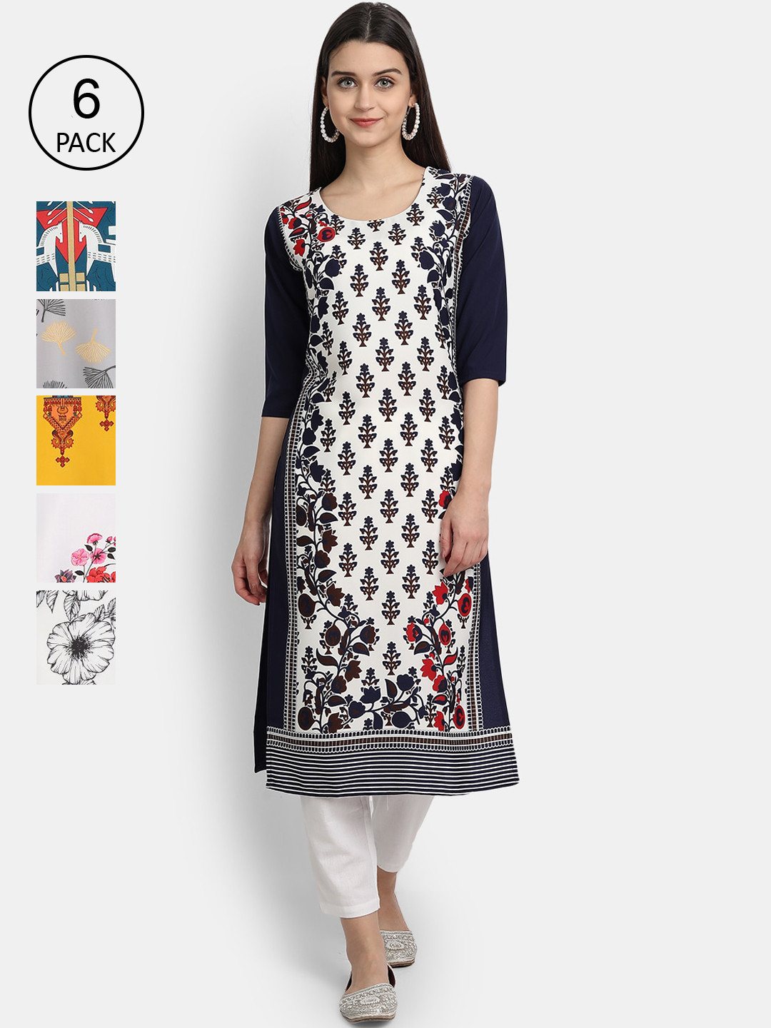 

Ethnic basket Women Pack of 6 Ethnic Motifs Printed Crepe Kurta, Multi