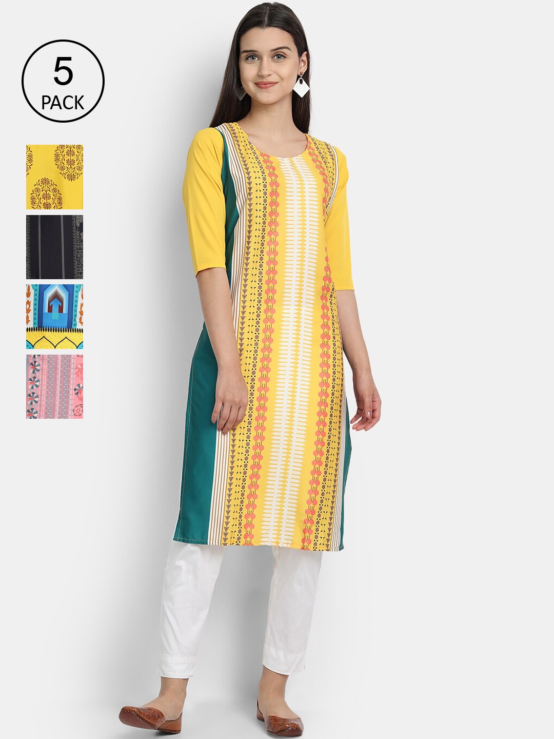 

Ethnic basket Women Pack Of 5 Ethnic Motifs Printed Crepe Kurtas, Multi