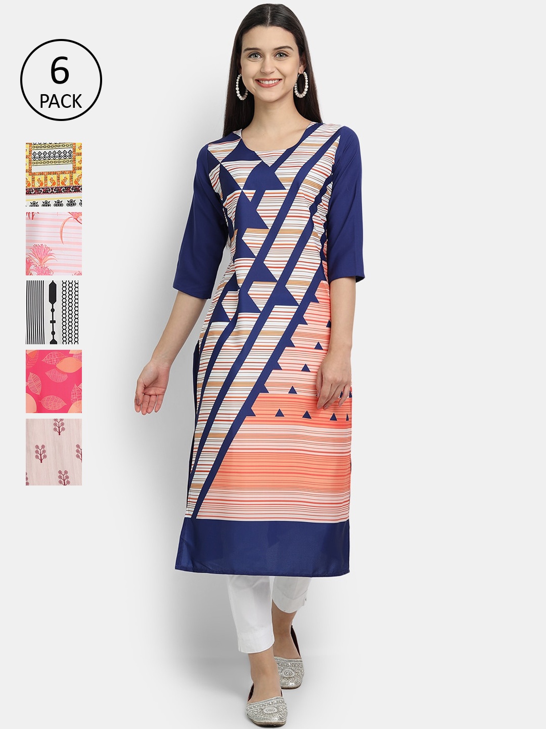 

Ethnic basket Women Pack of 6 Multicoloured Ethnic Motifs Printed Kurtas, Multi