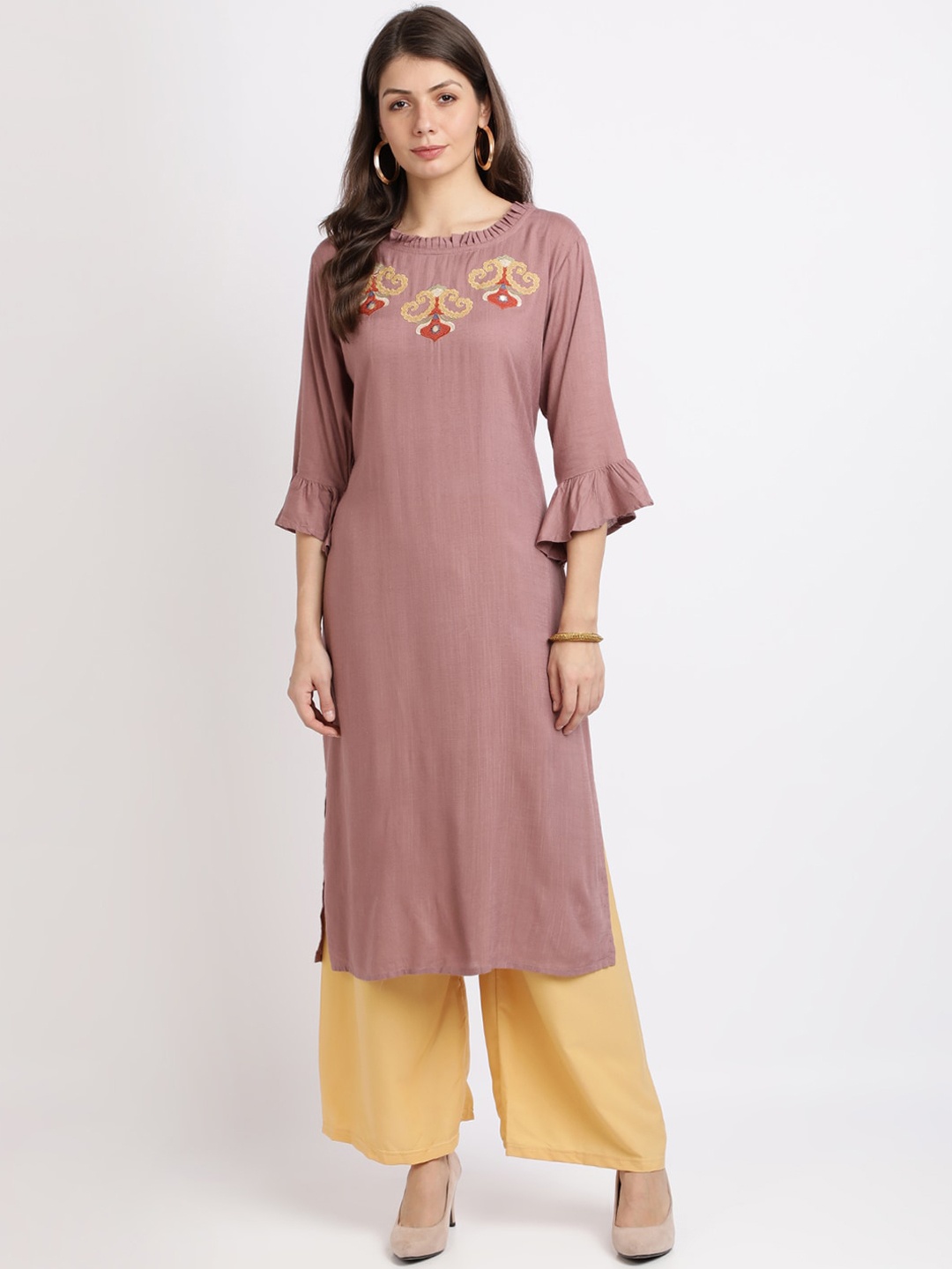 

Florence Women Mauve Floral Yoke Design Regular Straight Kurta with Palazzos