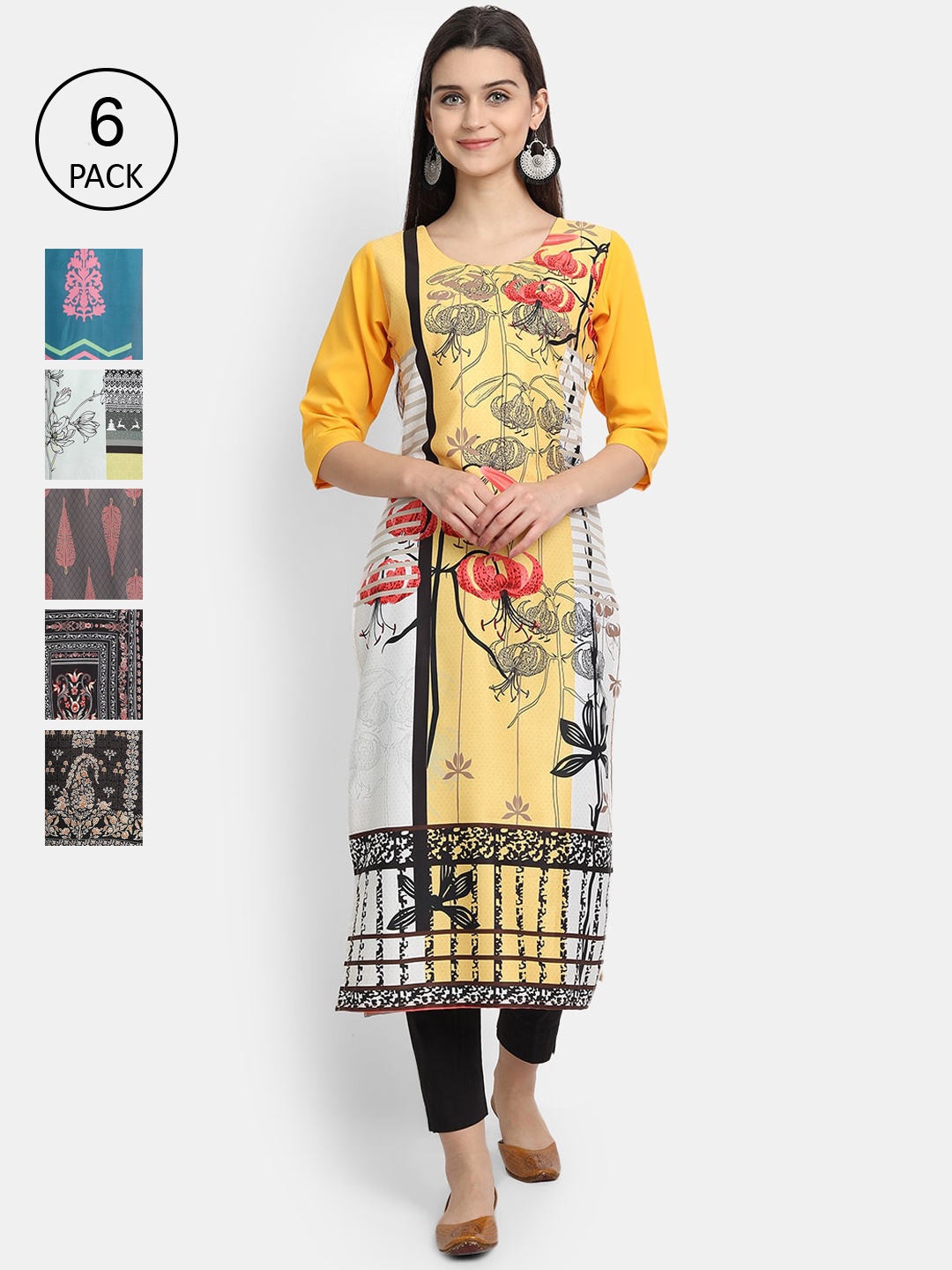 

Ethnic basket Women Pack Of 6 Printed Crepe Kurta, Yellow