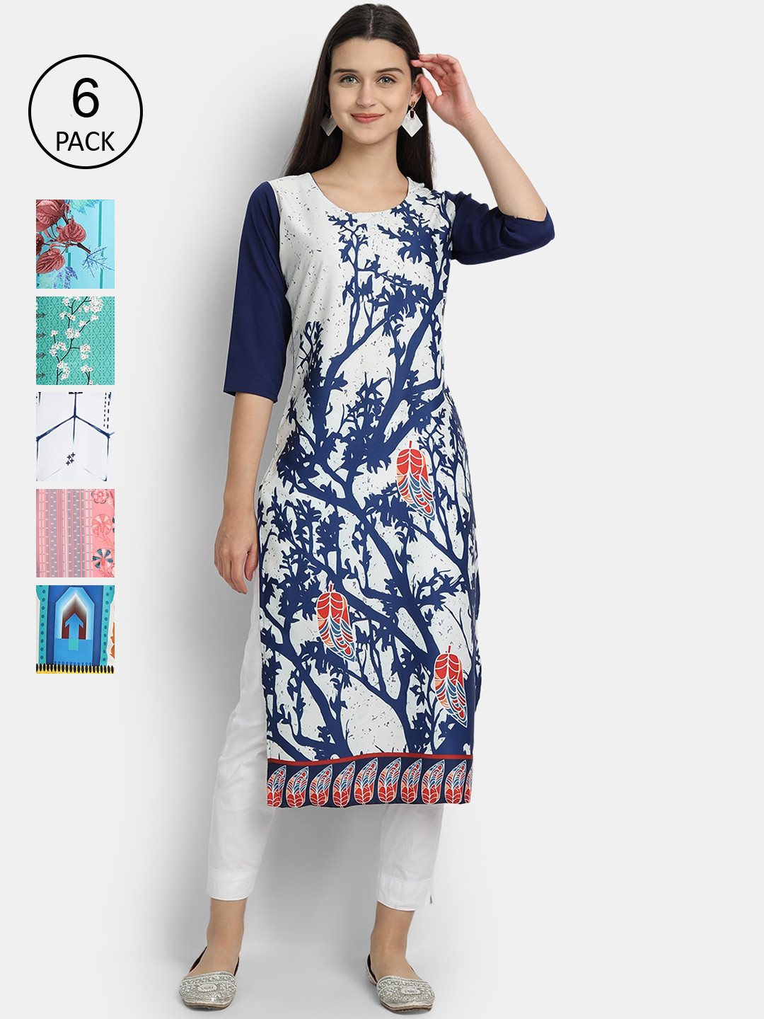 

Ethnic basket Women Pack of 6 Printed Crepe Kurta, Blue