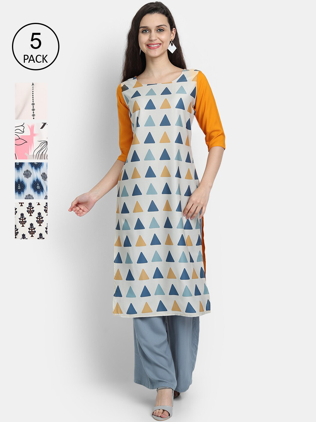 

Ethnic basket Women Pack of 5 Geometric Printed Crepe Kurta, Multi