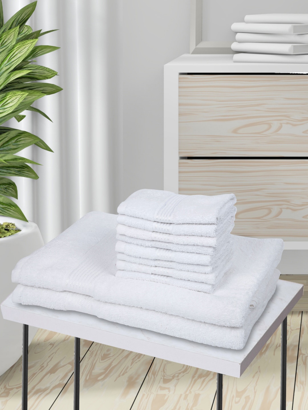 

KOPA Set Of 10 White Solid Pure Cotton 380 GSM Towel Set