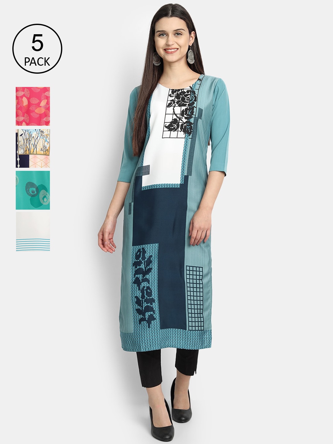

Ethnic basket Women Pack Of 5 Multicoloured Printed Crepe Kurtas, Multi