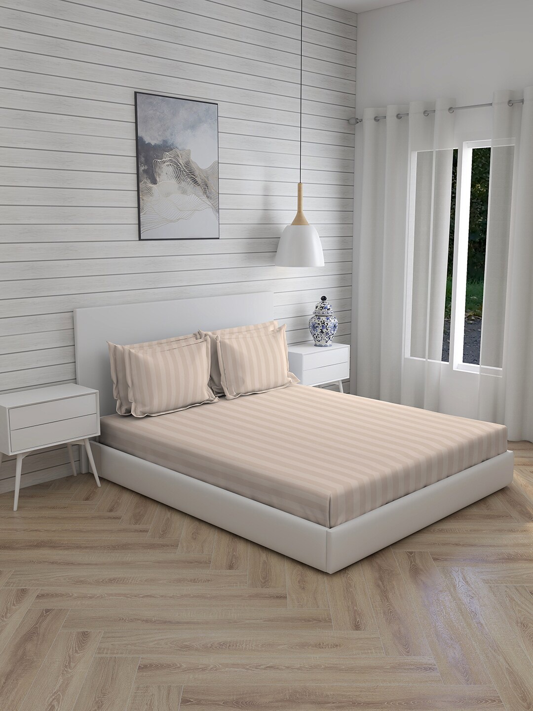

Boutique Living India Beige Striped 600 TC Cotton 1 King Bedsheet with 4 Pillow Covers