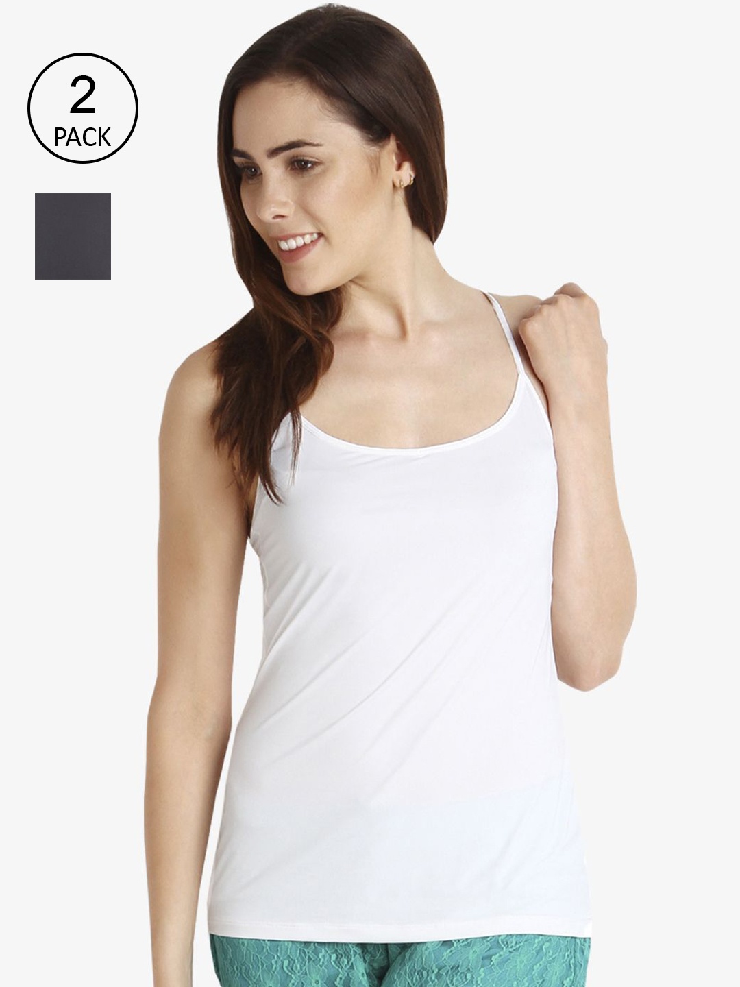 

Soie Women Pack of 2 Charcoal Grey & White Solid Camisoles