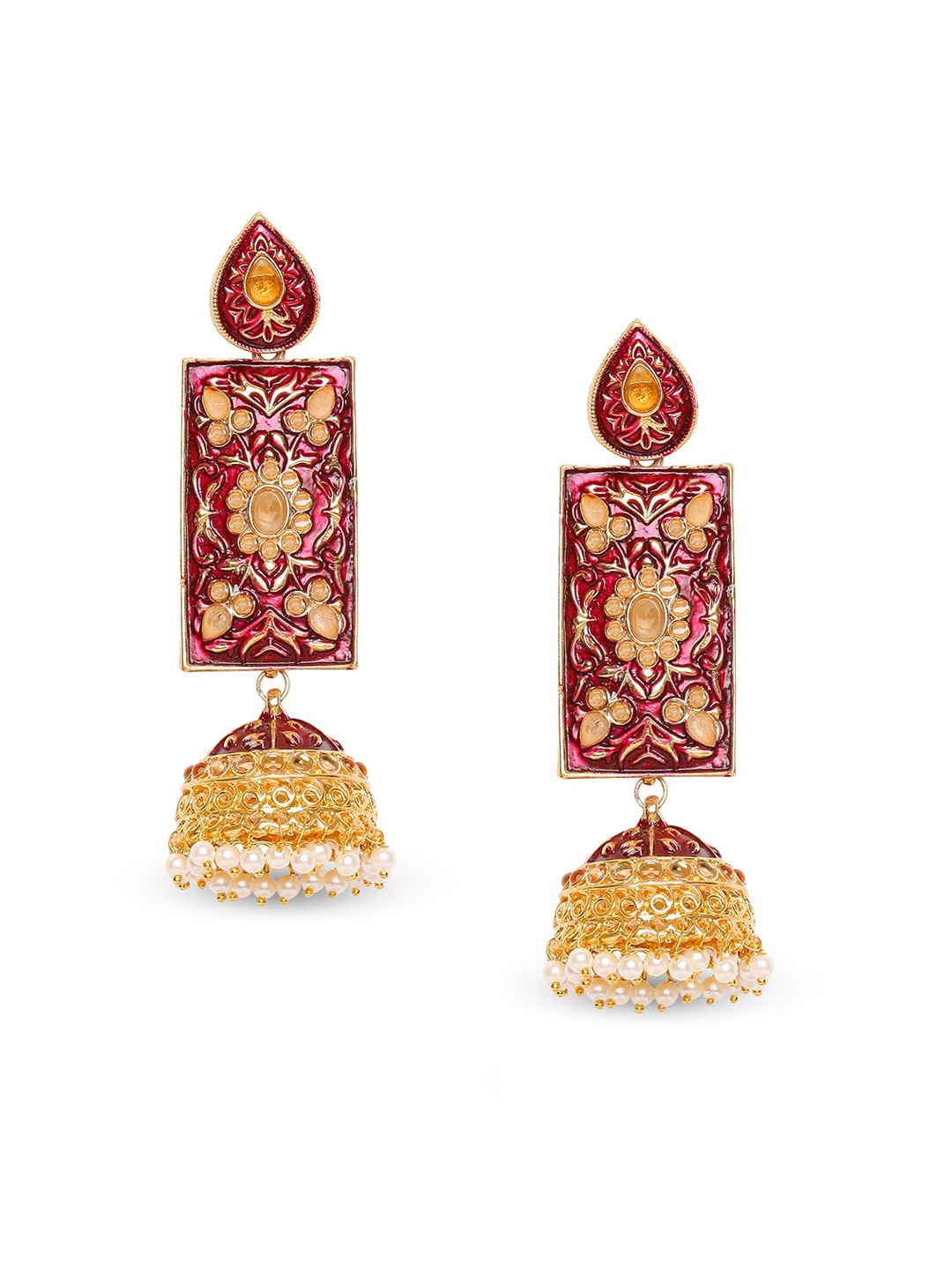 

Mahi Maroon Gold-Plated Stone Studded & Beaded Meenakari Dome Shaped Jhumkas