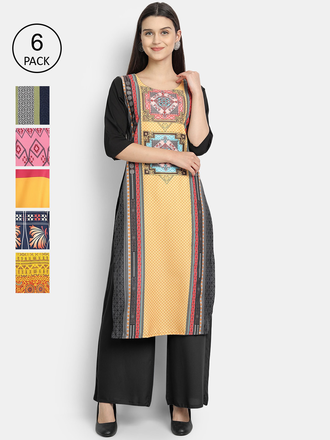 

Ethnic basket Women Pack of 6 Ethnic Motifs Printed Crepe Kurta, Multi