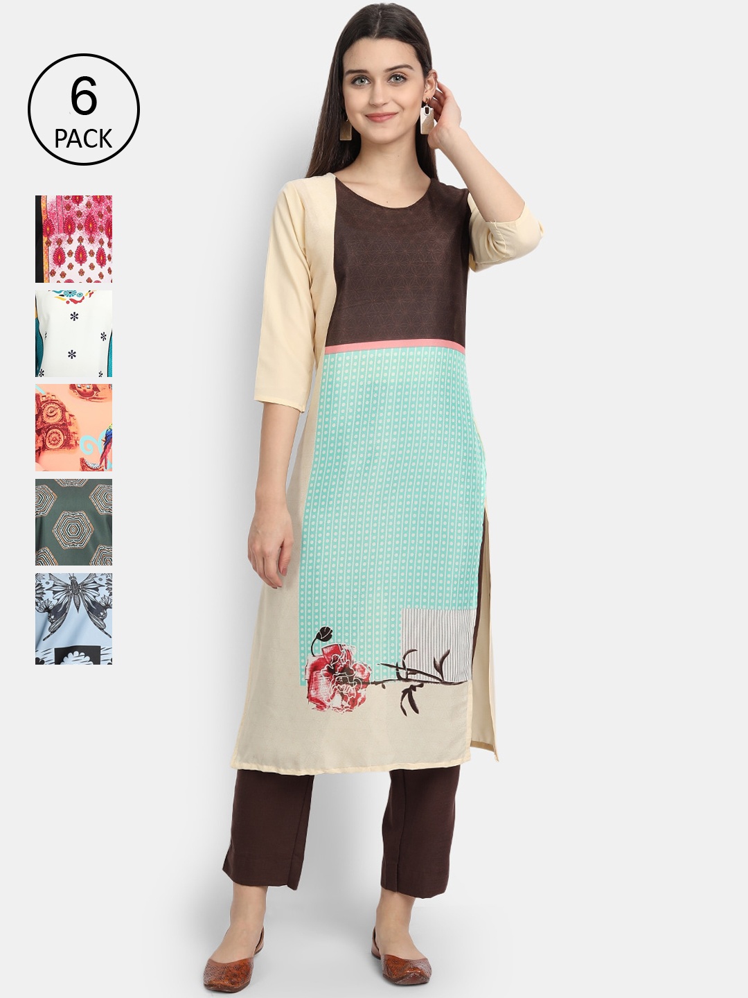 

Ethnic basket Women Pack of 6 Printed Crepe Kurta, Cream