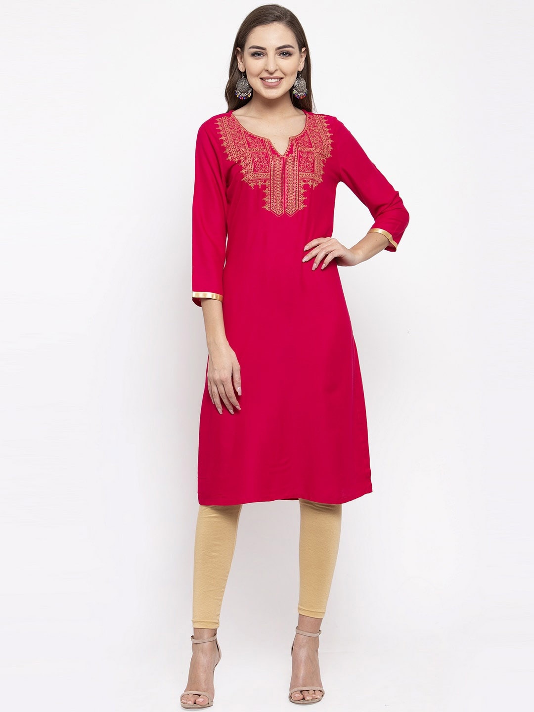

Purple State Women Pink & Gold-Toned Ethnic Motifs Yoke Design Kurta