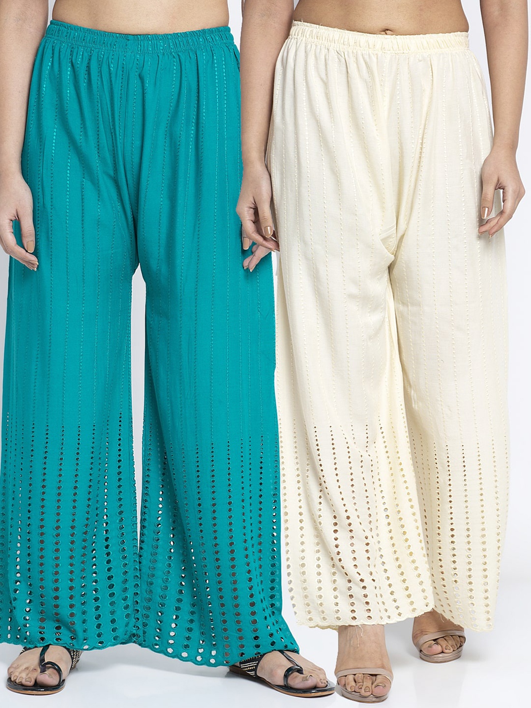 

GRACIT Women Pack Of 2 Embroidered Knitted Ethnic Palazzos, Turquoise blue