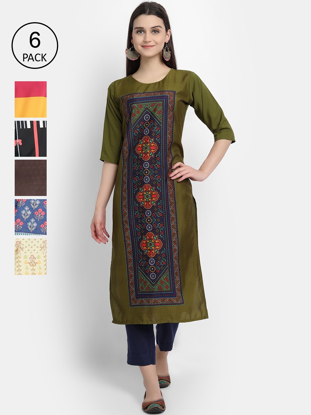 

Ethnic basket Women Pack of 6 Multicoloured Ethnic Motifs Printed Kurtas, Multi