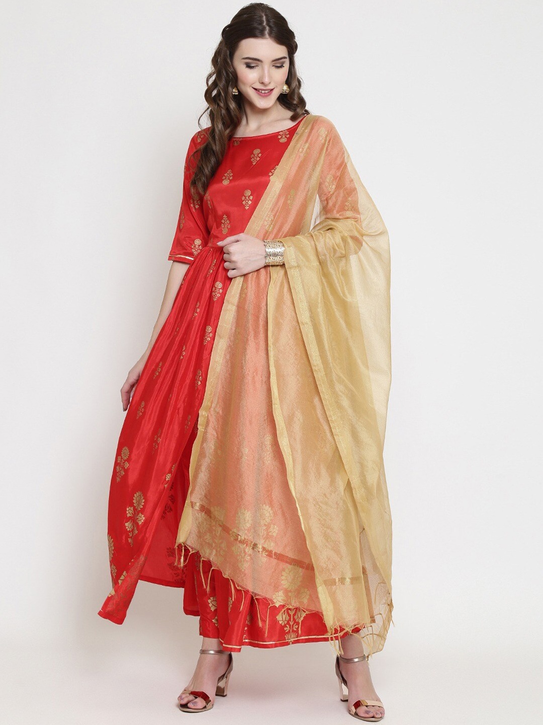 

Sera Women Red Ethnic Motifs Printed Mirror Work Anarkali Kurta