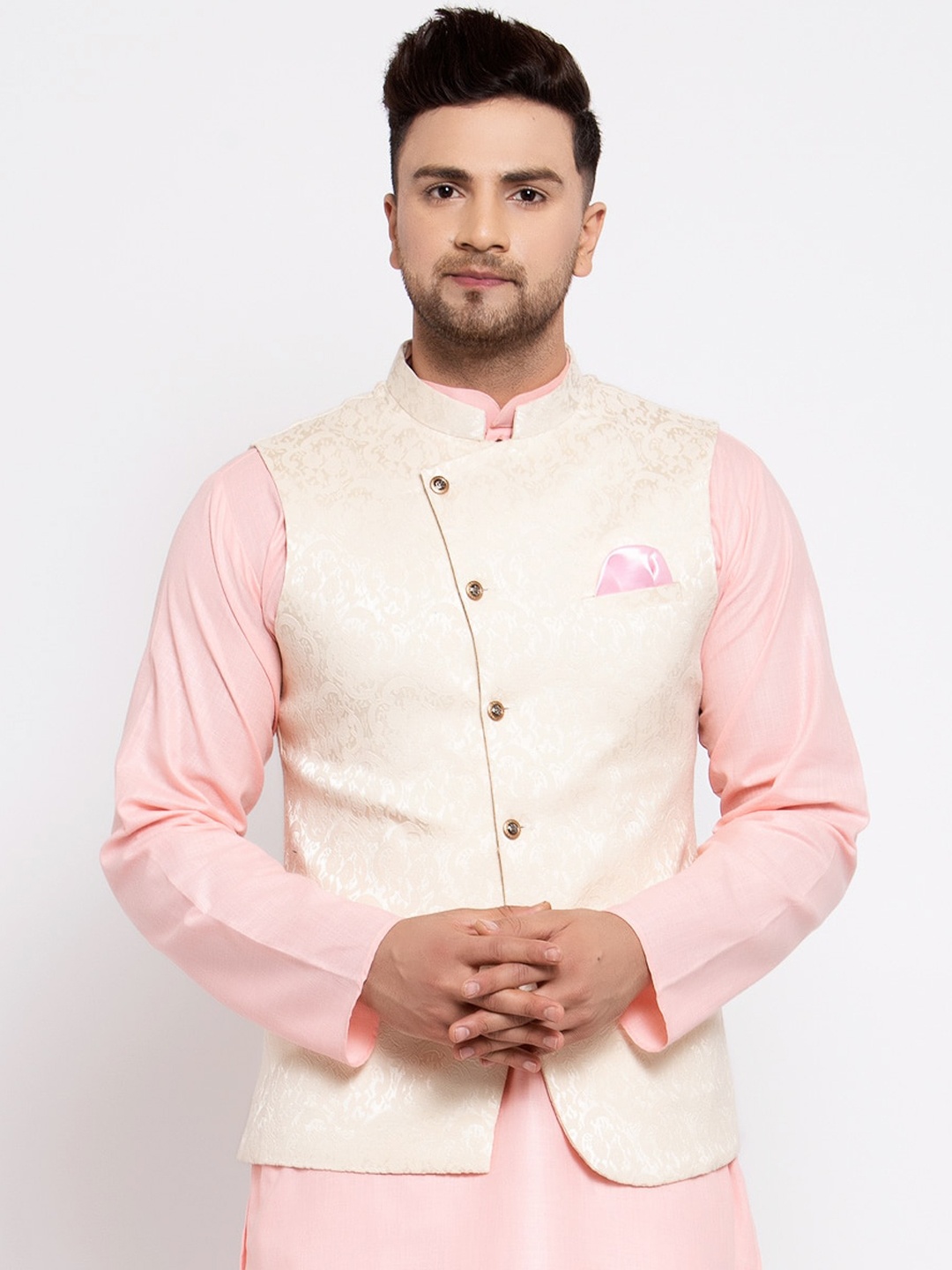 

MAXENCE Men Cream Coloured Woven Design Slim-Fit Cotton Nehru Jacket