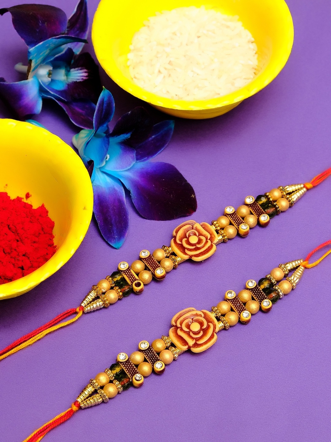 

Crunchy Fashion Men Set of 2 Red & Brown Stone-Studded & Beaded Rakhi