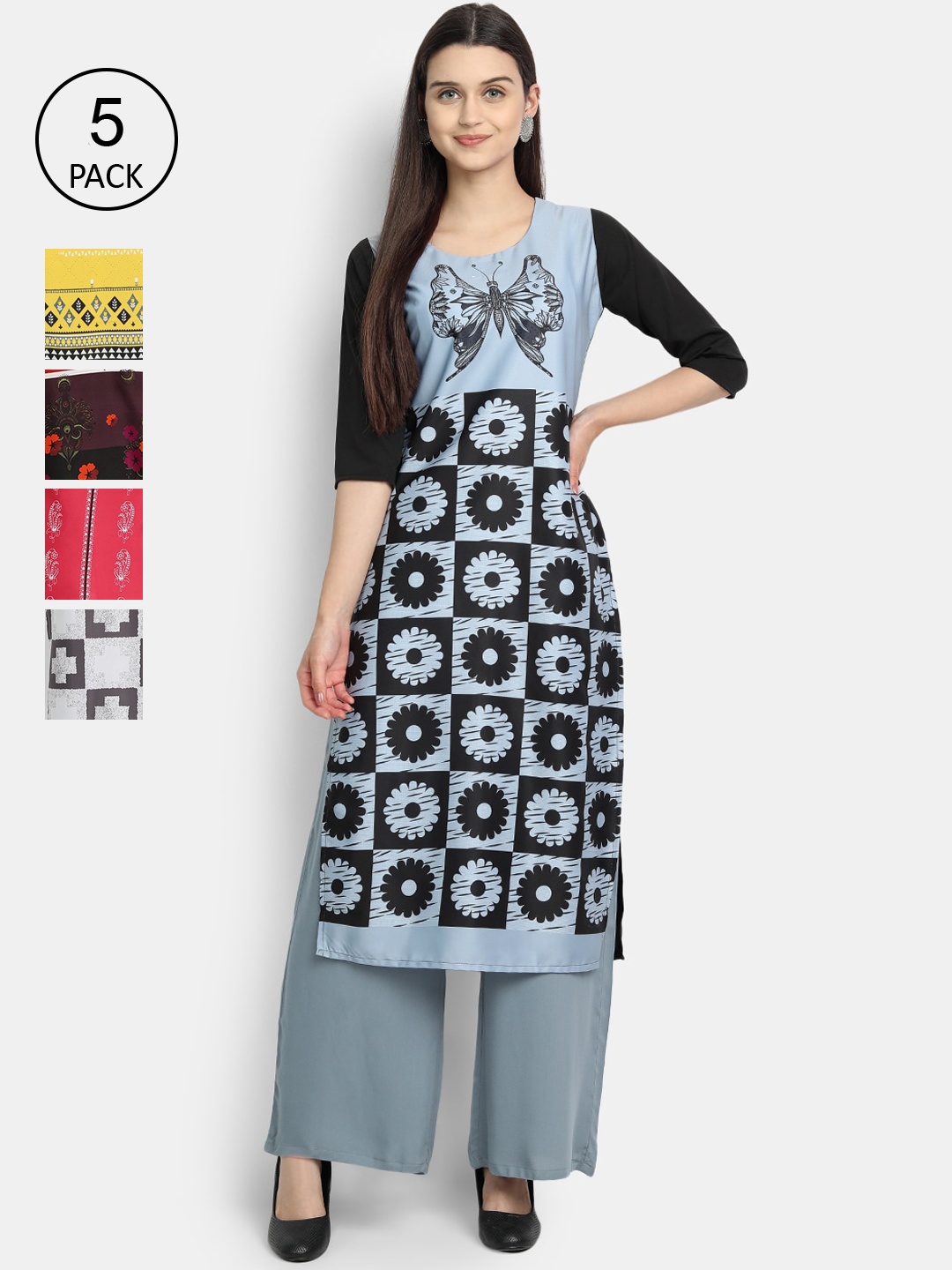 

Ethnic basket Women Pack Of 5 Printed Crepe Kurta, Blue