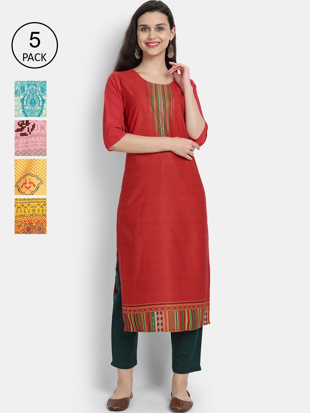 

Ethnic basket Pack of 5 Women Multicoloured Ethnic Motifs Printed Crepe Kurta, Multi