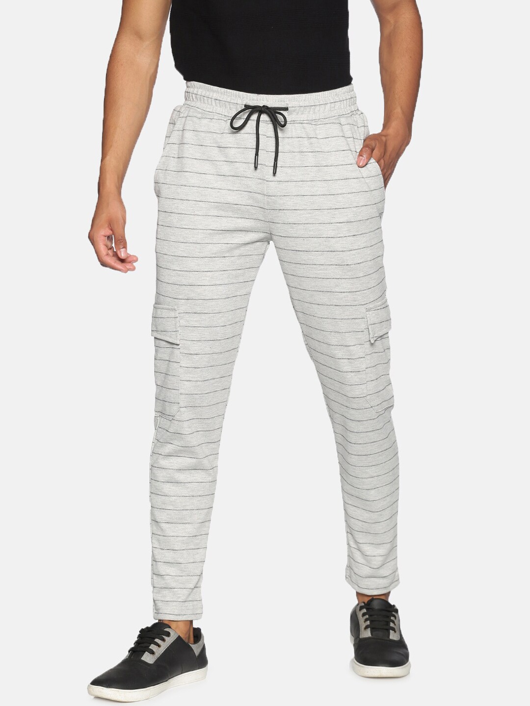 

Campus Sutra Men Grey & Black Striped Straight-Fit Cotton Track Pants