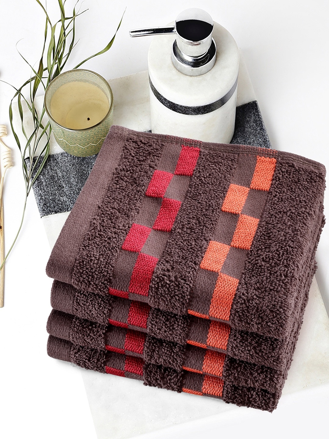 

BIANCA Set Of 4 Brown & Red Solid 450 GSM Cotton Face Towels