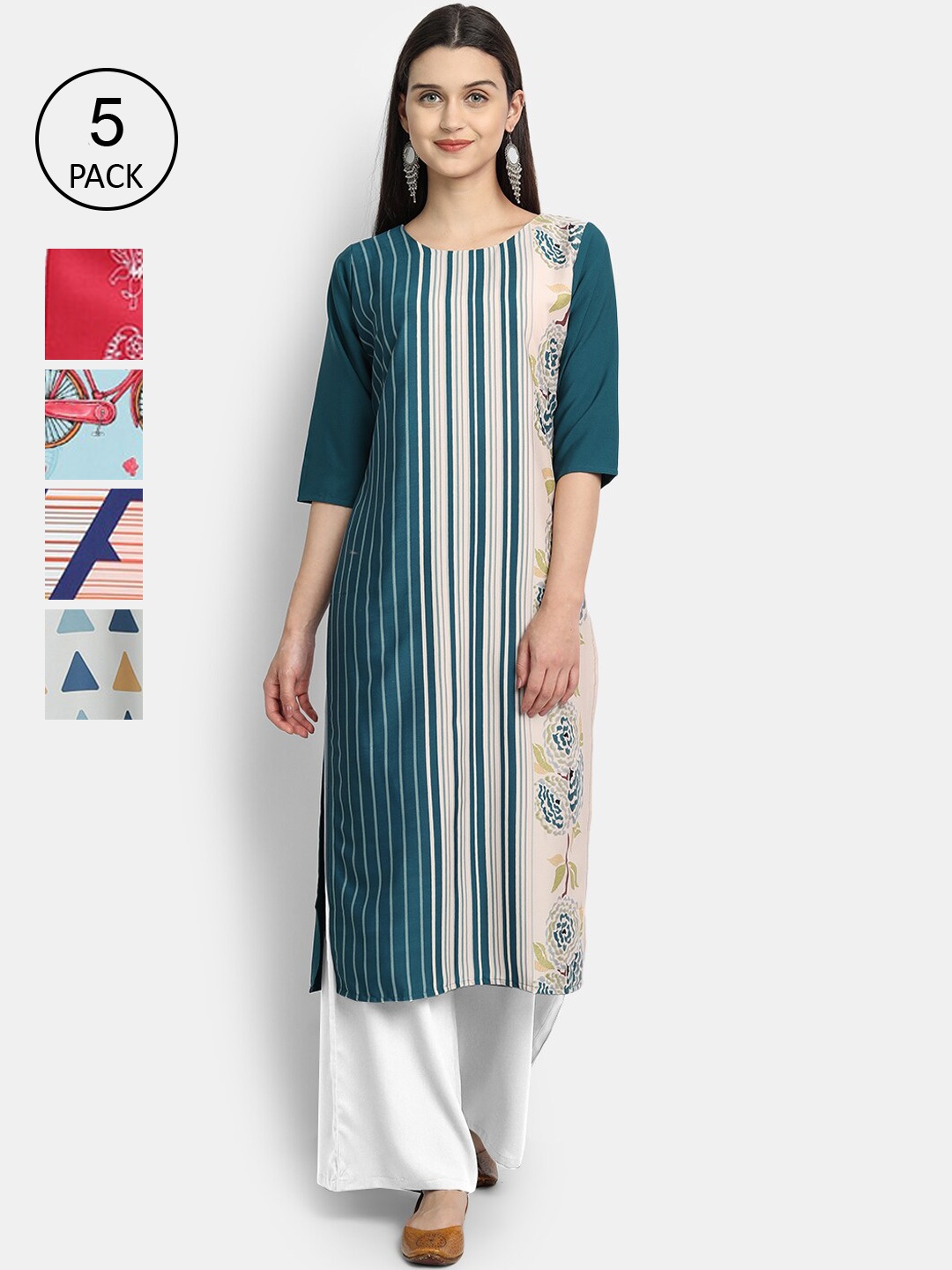 

Ethnic basket Women Pack of 5 Ethnic Motifs Printed Crepe Kurta, Multi
