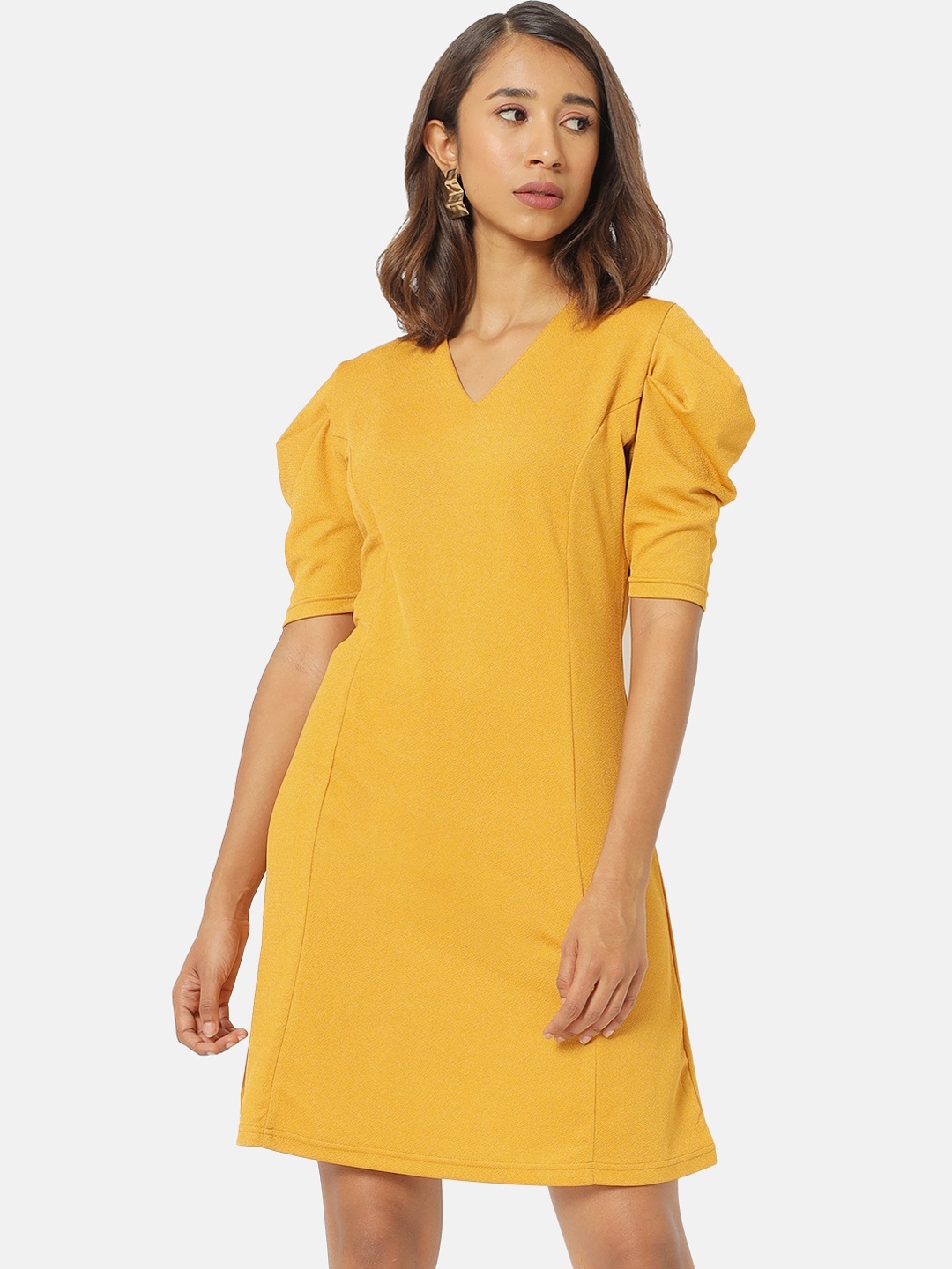 

Saaki Yellow Puff Sleeves A-Line Dress