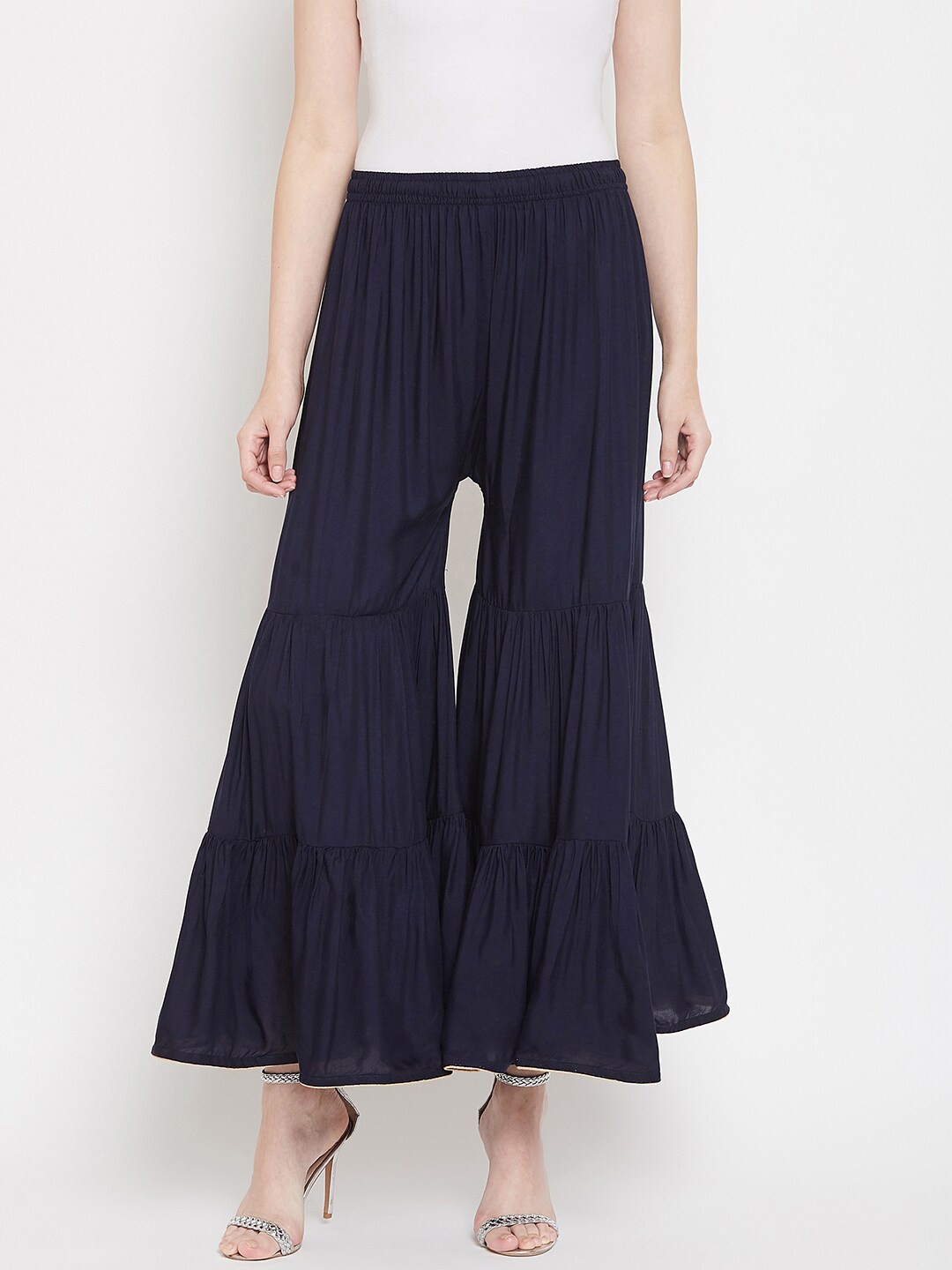 Castle Women Navy Blue Solid Tiered Flared Sharara
