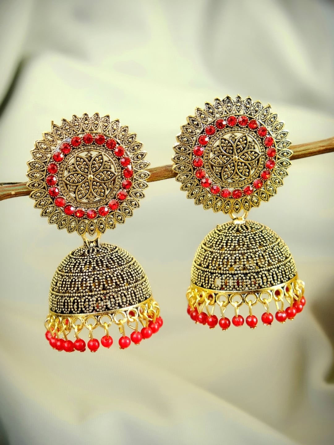 

Crunchy Fashion Red Antique Gold-Plated Stone Studded & Beaded Dome Shaped Jhumkas