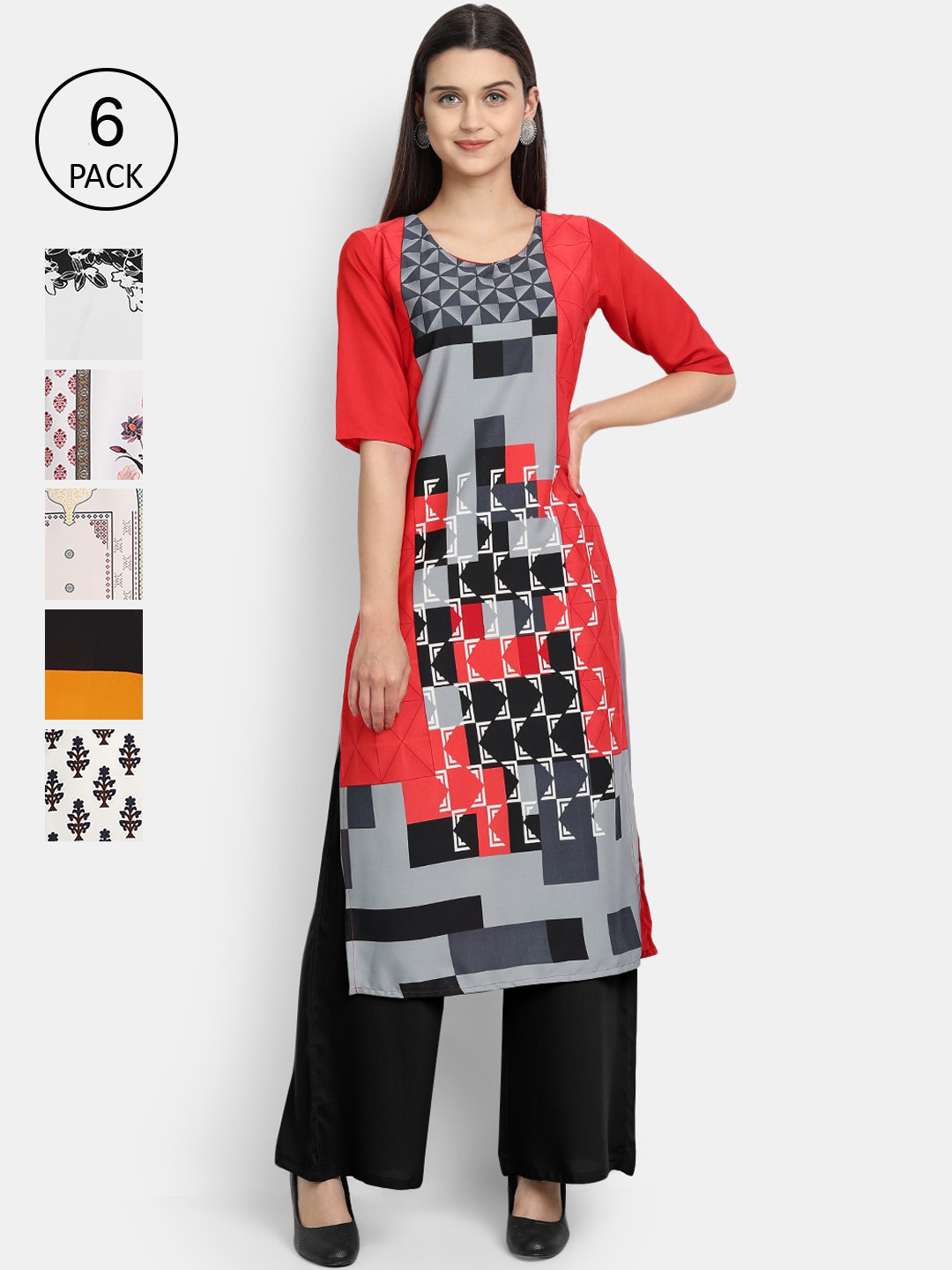 

Ethnic basket Women Pack Of 6 Multicoloured Printed Crepe Kurtas, Multi