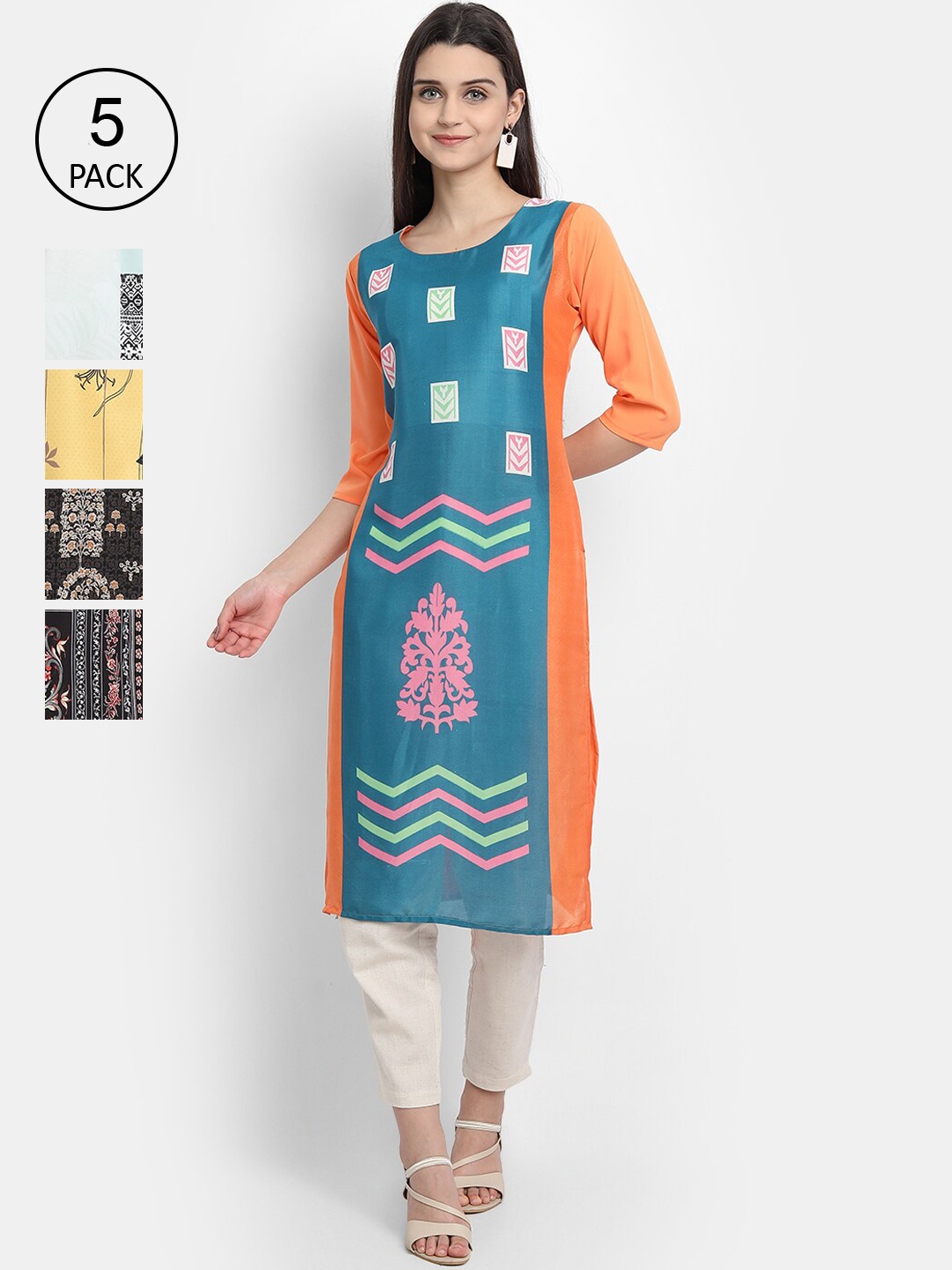 

Ethnic basket Women Set of 5 Multicoloured Ethnic Motifs Printed Crepe Kurta, Multi