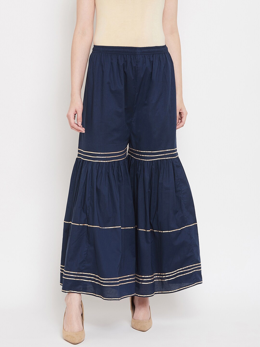 

TULIP 21 Women Navy Blue & Gold-Toned Striped Flared Palazzos