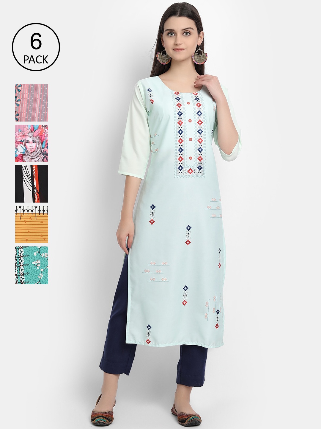 

Ethnic basket Women Pack Of 6 Printed Crepe Kurtas, Multi